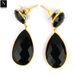 5 Pairs Black Onyx Dangle Stud Earring, Faceted Gold Plated Bezel Gemstone Earrings, Dangle Drop Earrings