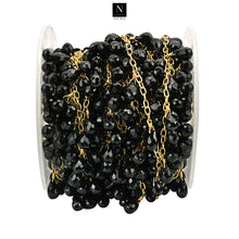 Load image into Gallery viewer, Black Spinel 8x5mm Cluster Rosary Chain Faceted Gold Plated Dangle Rosary 5FT
