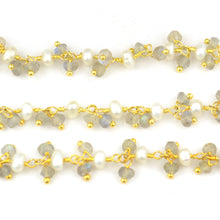 Load image into Gallery viewer, Labradorite &amp; Pearl 2-2.5mm Cluster Rosary Chain Faceted Gold Plated Dangle Rosary 5FT
