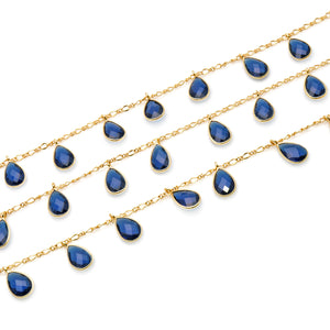 Sapphire 8x12mm Cluster Rosary Chain Faceted Gold Plated Bezel Dangle Rosary 5FT