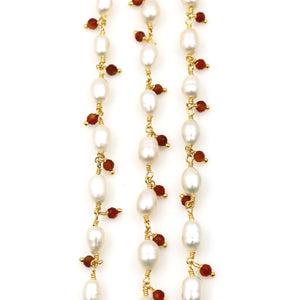 Pearl & Carnelian  Cluster Rosary Chain Faceted Gold Plated Dangle Rosary 5FT