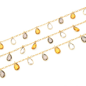 Citrine & Crystal 8x12mm Cluster Rosary Chain Faceted Gold Plated Bezel Dangle Rosary 5FT