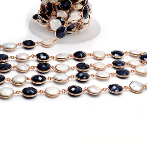 Black onyx & Pearl Round 16mm Gold Plated  Wholesale Bezel Continuous Connector Chain