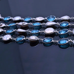 Blue Topaz & Pearl Round 12mm Silver Plated  Wholesale Bezel Continuous Connector Chain
