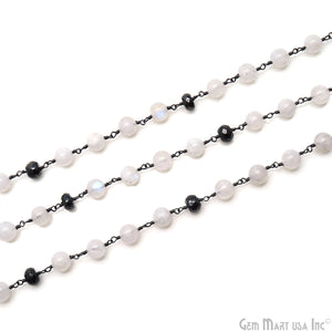 Rainbow Moonstone & Black Pyrite 7-8mm Oxidized Beads Rosary 5FT