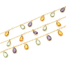 Load image into Gallery viewer, Amethyst, Green Amethyst, Citrine 8x12mm Cluster Rosary Chain Faceted Gold Plated Bezel Dangle Rosary 5FT
