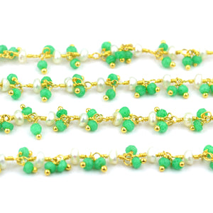 Green Chalcedony & Pearl 3-2.5mm Cluster Rosary Chain Faceted Gold Plated Dangle Rosary 5FT