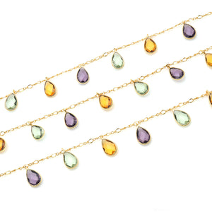 Green Amethyst, Citrine, Amethyst 8x12mm Cluster Rosary Chain Faceted Gold Plated Bezel Dangle Rosary 5FT