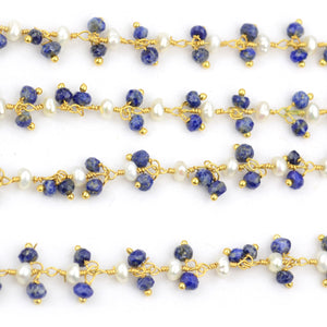 Lapis & Pearl 3-2.5mm Cluster Rosary Chain Faceted Gold Plated Dangle Rosary 5FT