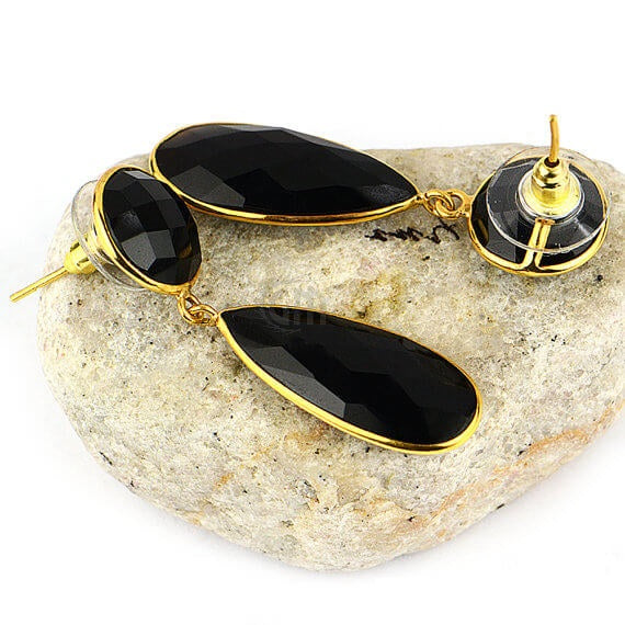 5 Pairs Black Onyx Dangle Stud Earring, Faceted Gold Plated Bezel Gemstone Earrings, Dangle Drop Earrings