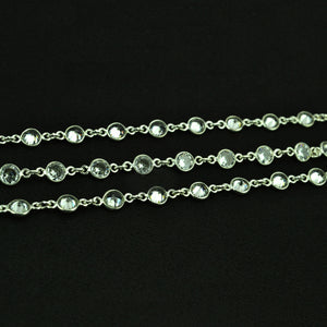 White Zircon Round 5mm Silver Plated  Wholesale Bezel Continuous Connector Chain