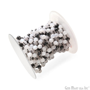 Rainbow Moonstone & Black Pyrite 7-8mm Oxidized Beads Rosary 5FT