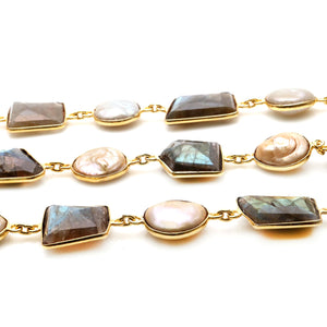 Labradorite & Pearl 10-15mm Gold Plated  Wholesale Bezel Continuous Connector Chain