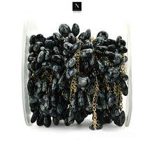 Load image into Gallery viewer, Black Snowflake Obsidian 10x7mm Cluster Rosary Chain Faceted Gold Plated Dangle Rosary 5FT
