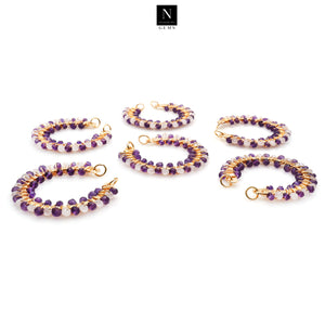 5PC Round Beaded Gemstone Hoop Earrings, 42x39mm Gold Plated Circle Hoops & Faceted Gemstone Beads