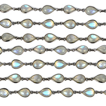 Load image into Gallery viewer, Rainbow Moonstone Cabochon Pears 8x10mm Oxidized  Wholesale Bezel Continuous Connector Chain
