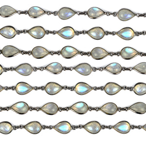 Rainbow Moonstone Cabochon Pears 8x10mm Oxidized  Wholesale Bezel Continuous Connector Chain
