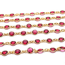 Load image into Gallery viewer, Pink Tourmaline Round 5mm Gold Plated Wholesale Bezel Continuous Connector Chain
