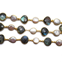 Load image into Gallery viewer, Labradorite &amp; Pearl Heart 12-16mm Gold Plated Wholesale Bezel Continuous Connector Chain
