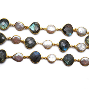 Labradorite & Pearl Heart 12-16mm Gold Plated Wholesale Bezel Continuous Connector Chain