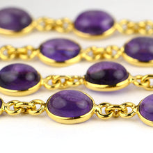 Load image into Gallery viewer, Amethyst Cabochon Oval 7x9mm Gold Plated  Wholesale Bezel Continuous Connector Chain
