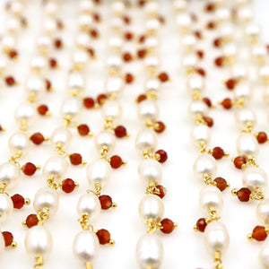 Pearl & Carnelian  Cluster Rosary Chain Faceted Gold Plated Dangle Rosary 5FT