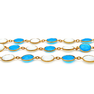 Sky Blue Chalcedony & White Agate Round 12mm Gold Plated  Wholesale Bezel Continuous Connector Chain