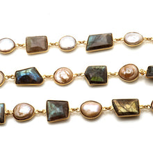 Load image into Gallery viewer, Labradorite &amp; Pearl 10-15mm Gold Plated  Wholesale Bezel Continuous Connector Chain
