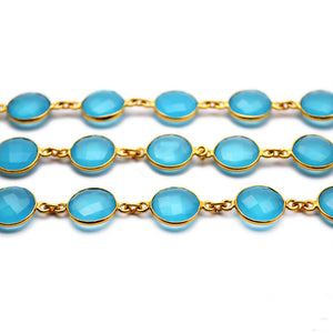 Sky Blue Chalcedony Round 12mm Gold Plated Wholesale Connector Rosary Chain