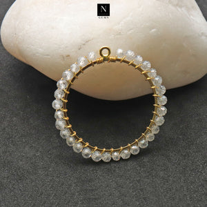 5PC Gold Plated Round Hoop Beaded / Gemstone Connector / 34mm Wire Wrapped Faceted Gemstones Pendant