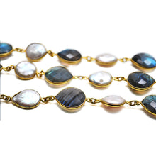 Load image into Gallery viewer, Labradorite &amp; Pearl Heart 12-16mm Gold Plated Wholesale Bezel Continuous Connector Chain
