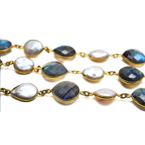 Labradorite & Pearl Heart 12-16mm Gold Plated Wholesale Bezel Continuous Connector Chain