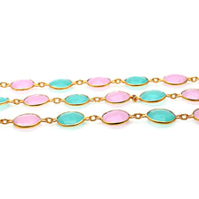 Load image into Gallery viewer, Rose And Aqua Chalcedony Round 12mm Gold Plated  Wholesale Bezel Continuous Connector Chain
