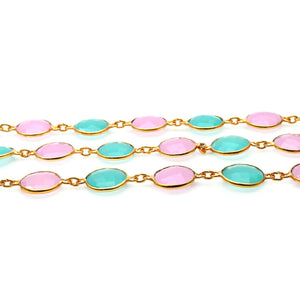 Rose And Aqua Chalcedony Round 12mm Gold Plated  Wholesale Bezel Continuous Connector Chain