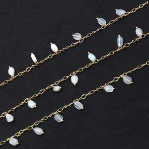 White Chalcedony 8x5mm Cluster Rosary Chain Faceted Gold Plated Dangle Rosary 5FT