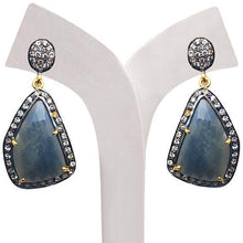 Load image into Gallery viewer, Gold Vermeil Over Sterling Silver Blue Sapphire With Cubic Zirconia Pave Diamond 18x38mm Dangle Drop Earring
