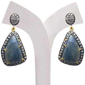 Gold Vermeil Over Sterling Silver Blue Sapphire With Cubic Zirconia Pave Diamond 18x38mm Dangle Drop Earring