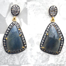 Load image into Gallery viewer, Gold Vermeil Over Sterling Silver Blue Sapphire With Cubic Zirconia Pave Diamond 18x38mm Dangle Drop Earring
