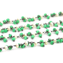 Load image into Gallery viewer, Green Chalcedony &amp; Pearl 2-2.5mm Cluster Rosary Chain Faceted Oxidized Dangle Rosary 5FT
