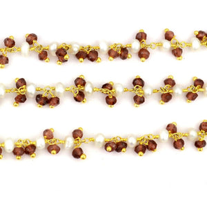 Garnet & Pearl 2-2.5mm Cluster Rosary Chain Faceted Gold Plated Dangle Rosary 5FT