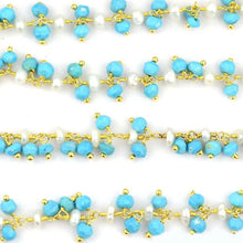 Load image into Gallery viewer, Turquoise &amp; Pearl 2-2.5mm Cluster Rosary Chain Faceted Gold Plated Dangle Rosary 5FT
