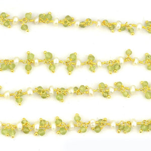 Peridot & Pearl 3-2.5mm Cluster Rosary Chain Faceted Gold Plated Dangle Rosary 5FT