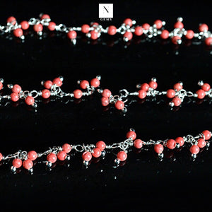 Red Coral 2-2.5mm Cluster Rosary Chain Faceted Silver Plated Dangle Rosary 5FT