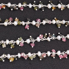 Load image into Gallery viewer, Multi Tourmaline &amp; Pearl 3-2.5mm Cluster Rosary Chain Faceted Silver Plated Dangle Rosary 5FT

