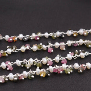 Multi Tourmaline & Pearl 3-2.5mm Cluster Rosary Chain Faceted Silver Plated Dangle Rosary 5FT
