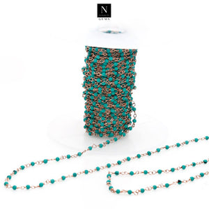 5ft Turquoise 2-2.5mm Rose Gold Wire Wrapped Beads Rosary | Gemstone Rosary Chain | Wholesale Chain Faceted Crystal
