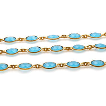 Load image into Gallery viewer, Sky Blue Chalcedony Oval 7x5mm Gold Plated  Wholesale Bezel Continuous Connector Chain
