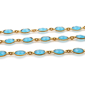 Sky Blue Chalcedony Oval 7x5mm Gold Plated  Wholesale Bezel Continuous Connector Chain