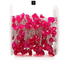 Load image into Gallery viewer, Hot Pink Chalcedony 10x8mm Cluster Rosary Chain Faceted Silver Plated Dangle Rosary 5FT
