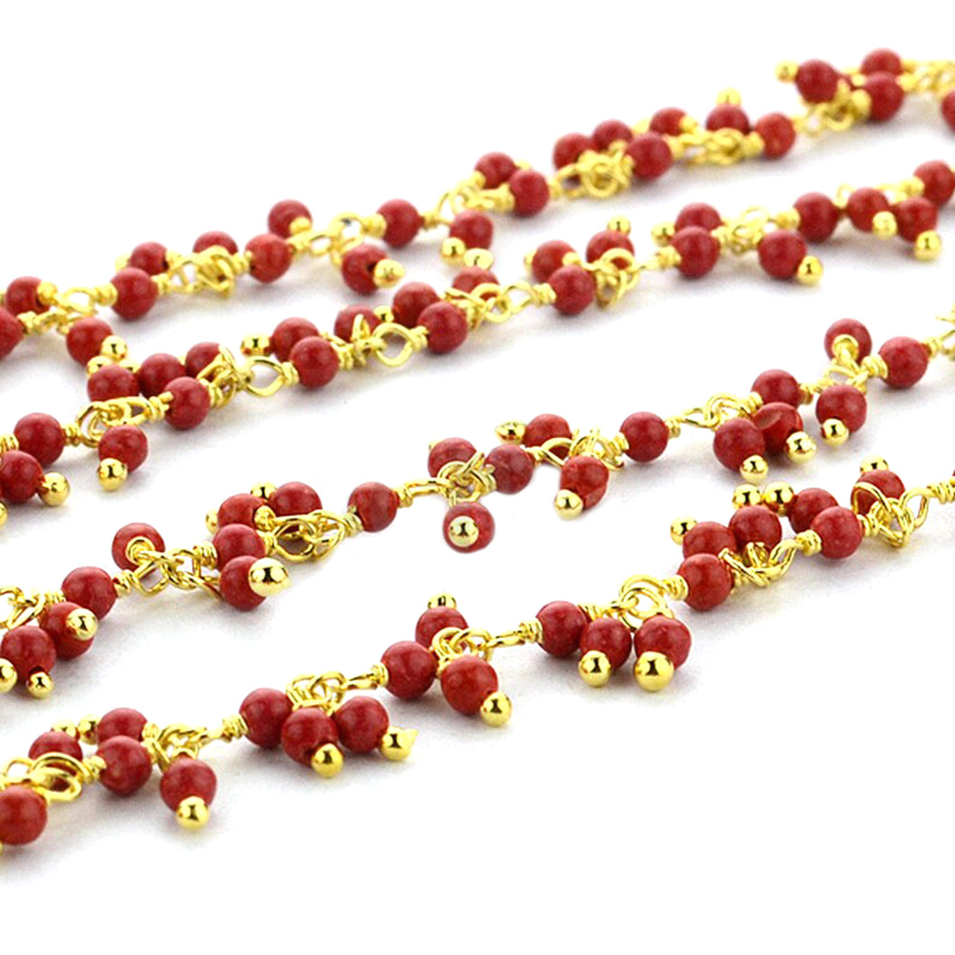 Red Coral 2-2.5mm Cluster Rosary Chain Faceted Gold Plated Dangle Rosary 5FT
